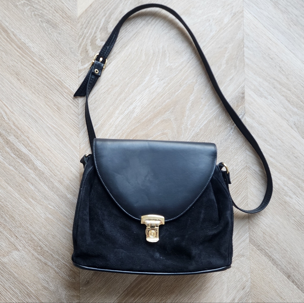 Elegant Vintage Black Leather And Suede Shoulder Bag